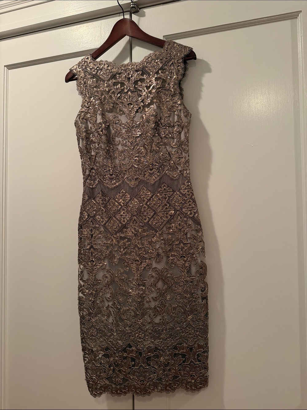 Tadashi Shoji Elegant Lace Beaded Sheath Dress in Taupe Gold Sequins Size 4